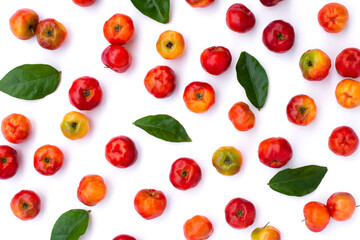 Small red organic acerola cherry fruit (Malpighia Glabra) seamless pattern texture background.