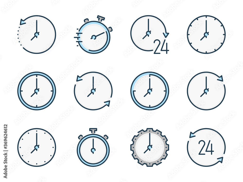 Poster time and timer related vector color line icons. clock and watch colorful icon set.