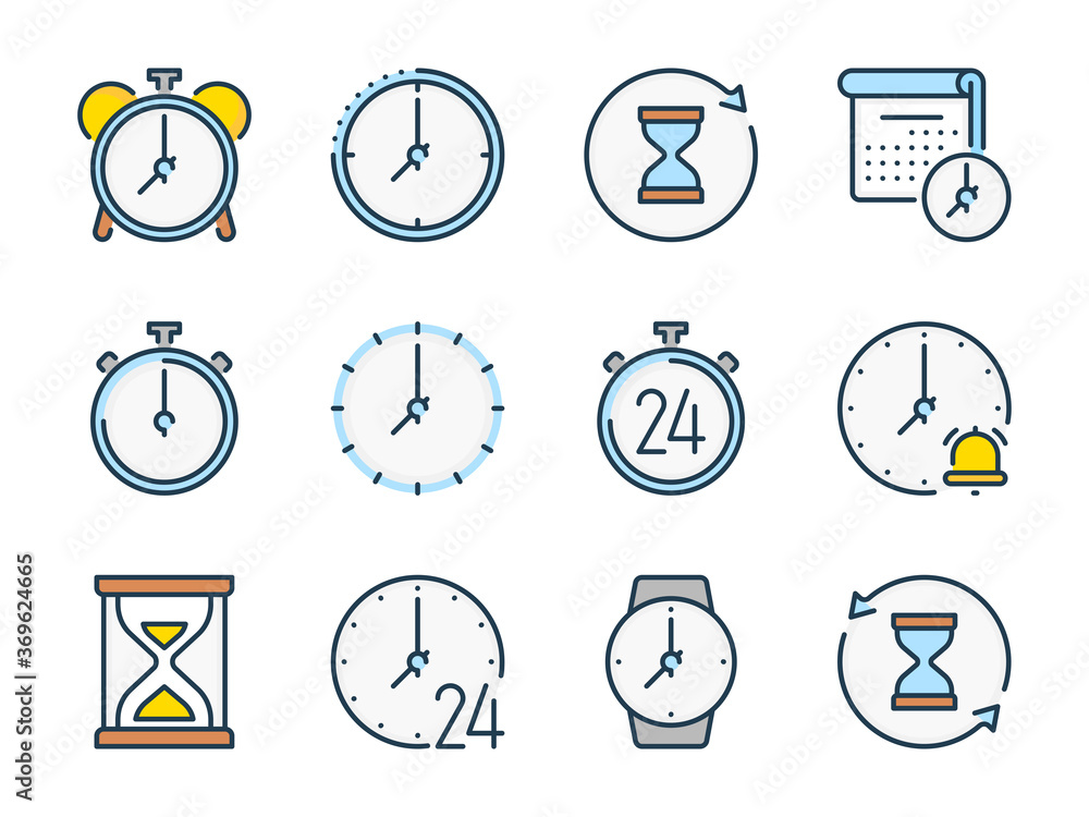 Poster time and alarm clock related vector color line icons. watch and clock colorful icon set.