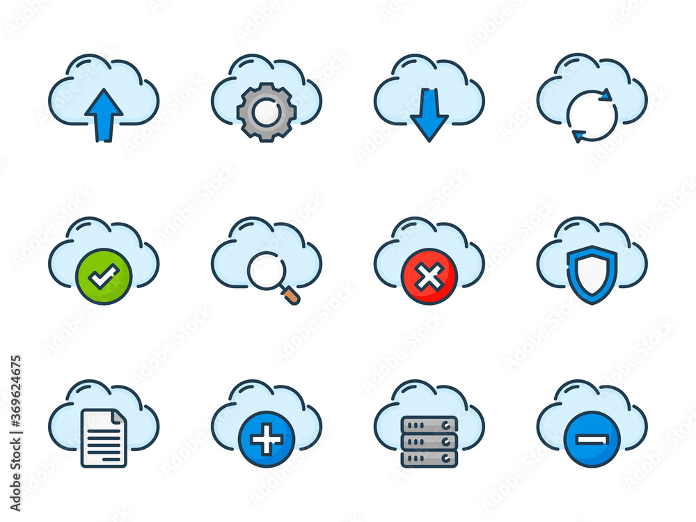 Poster cloud network vector color line icon set. cloud computing colorful outline icons. cloud storage icon