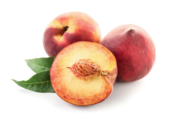 Sweet ripe peaches on white background