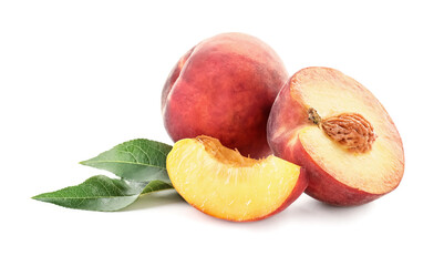 Sweet ripe peaches on white background