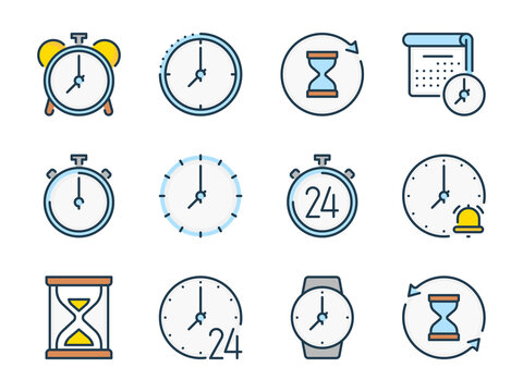 Time And Alarm Clock Related Vector Color Line Icons. Watch And Clock Colorful Icon Set.