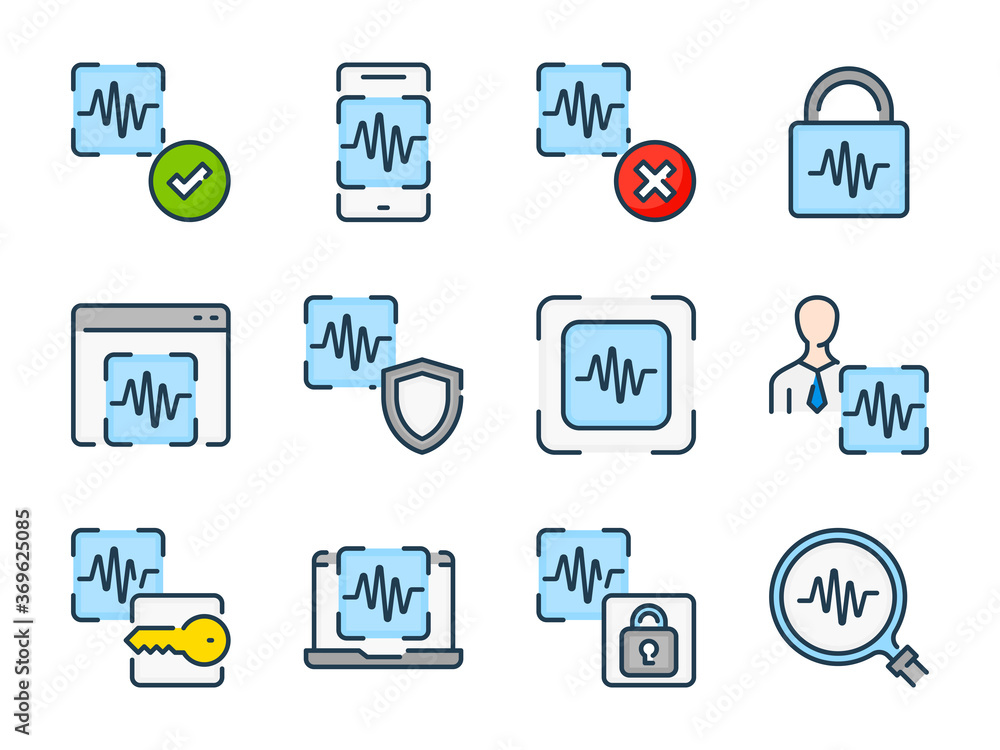 Poster voice recognition related vector color line icon set. voice assistant colorful icons. voice authenti