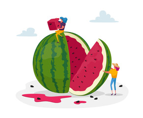 Tiny Female Characters Enjoying Refreshing of Huge Ripe Watermelon. Women Slicing and Eating Melon Relaxing, Summer Food