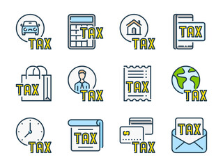 Tax and Loan related vector color line icon set. Taxation and Fee colorful icons. Taxing icon collection.