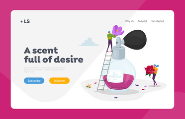 Perfumery Production Landing Page Template. Tiny Perfumer Characters Holding Huge Flowers for Creating Floral Perfume