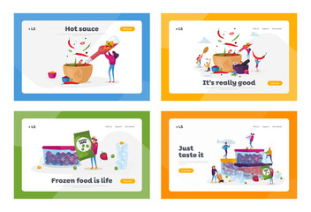 People Cooking Hot Spicy Meal, Freezing Products Landing Page Template Set. Tiny Characters Put Jalapeno or Chili Pepper