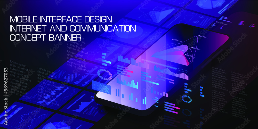 Poster mobile phone in axonometric projection with pop-up holographic interfaces, screens. landing page tem