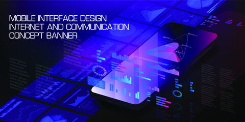 Mobile phone in axonometric projection with pop-up holographic interfaces, screens. Landing page template with mobile interfaces in HUD, GUI style. Vector illustratration