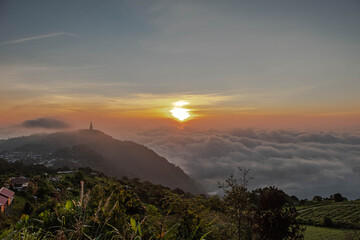 Fog with mountains, beautiful sunrise at Phu thap berk, Phetchabun, Thailand. August 2020. 
