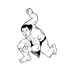 Professional Sumo Wrestler or Rikishi in Fighting Stance Ukiyo-E or Ukiyo Black and White Style