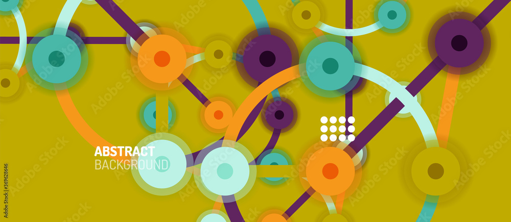 Poster flat style geometric abstract background, round dots or circle connections on color background. tech