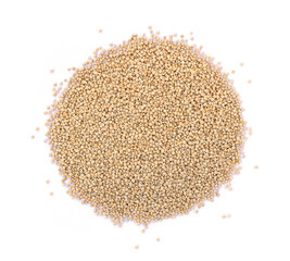 Pile of real quinoa seeds ( Chenopodium ) in wooden bowl isolated on white background. Healthy eating , superfood and supplement concept. Top view. Flat lay. 