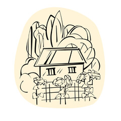 Small house (Ukrainian hut) with sunflowers. Black and white vector illustration.