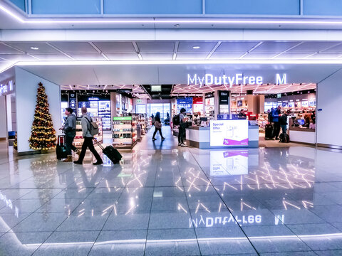 Munich, Germany - December 12, 2019: Munich airport the modern K Terminal with its duty free shop