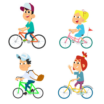 set of different children on bicycles.