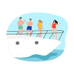 Girls and boys standing at stern of yacht, drinking cocktails and communicating