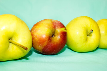 A ripe Red Apple among green apples on a light background. The concept of selecting and selecting from a shared heap.