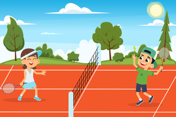 funny kids play tennis on the open court.