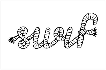 Surf, lettering with hawser, hand drawn vector illustration