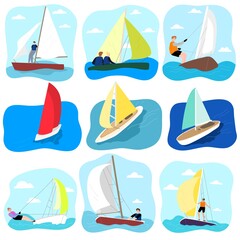 People riding boats and enjoying trips under sail in sea
