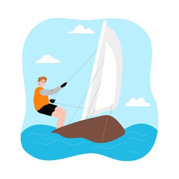 Young man riding sailboat with wind and enjoying trip under white sail