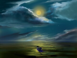 starry night sky and floating woody canoe on calm ocean