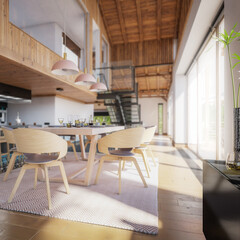 Modern Residential Loft with Dining Room & Kitchen - detail 3d visualization