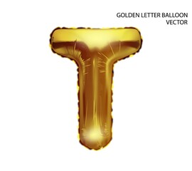Gold inflatable toy foil balloons font. Letter T. 3D vector realistic. You can change the color.