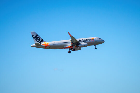 Jetstar airplane is landing at the Auckland Airport