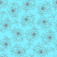 Hand-drawn floral gentle vector seamless pattern. Gray outline of a rose flower with leaves on a bright turquoise, light blue background. For prints of fabric, textile, packaging, clothing.