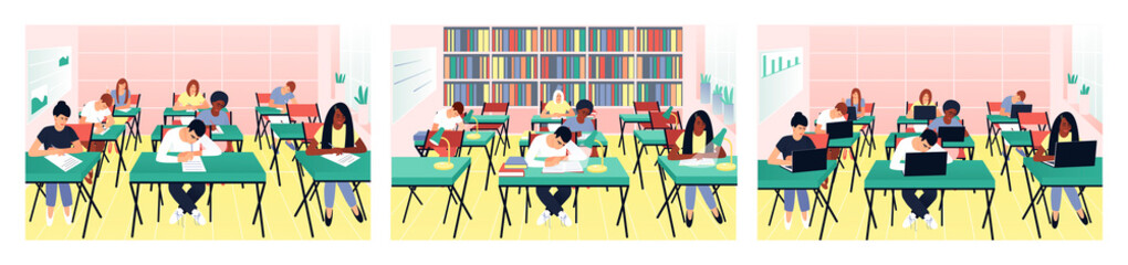 Set with students studying in the classroom. Teens read books in the library. Students work on computers. Children write a test exam in a beautiful classroom.  Flat vector illustration.