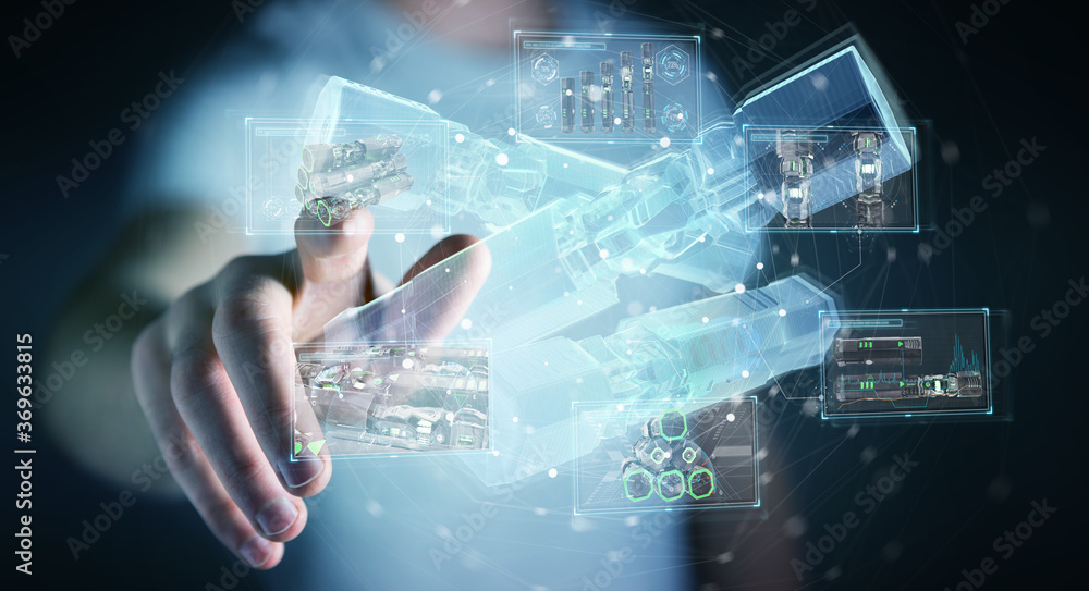 Poster man holding and touching green renewable energy battery 3d rendering