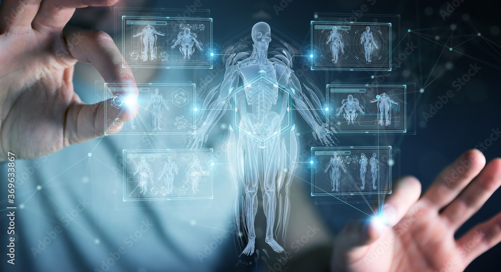 Poster Man using digital x-ray human body holographic scan projection 3D rendering