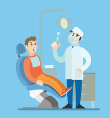 Dentist and patient. Patient man in dentist chair. Vector illustration of a young man in the dentist office.
