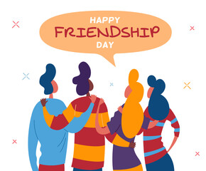 Friendship Day. Two men and two women hugging. Vector illustration of four cheerful international friends for greeting card or poster.