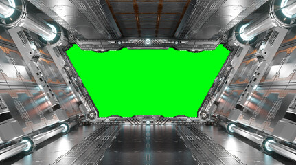 White and silver futuristic spaceship interior with green window 3d rendering © sdecoret