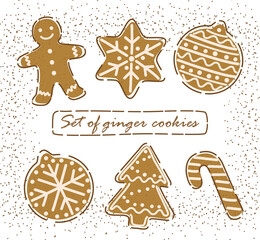Christmas and New year set of gingerbread cookies on white background. Vector illustration.