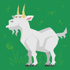 A funny goat. Vector illustration of an animal on a green background with grass. Dragonflies and dandelion seeds around.