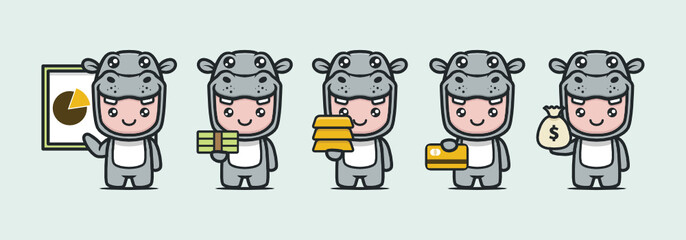 Cute hippo mascot with business and finance-related theme design illustration