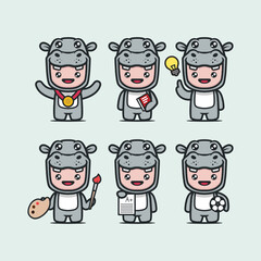 Fototapeta premium Cute Hippo mascot with school student theme design illustration set with blue background