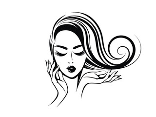 Woman with long, wavy hairstyle, elegant makeup and manicure.Hair salon, nails art and beauty studio vector illustration.Cosmetics and spa logo.Young lady portrait.Beautiful girl face.