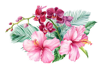 Bouquet of flowers and palm leaves, orchid, hibiscus, on an isolated white background, watercolor illustration