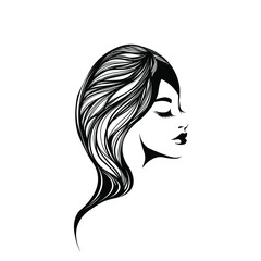 Woman with long, wavy hairstyle and elegant makeup.Hair salon and beauty studio vector illustration.Cosmetics and spa logo.Young lady portrait.Beautiful girl face isolated on white background.