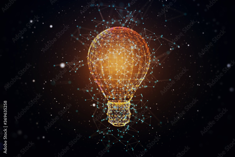 Poster creative light bulb illustration on abstract dark background, research and development concept. 3d r