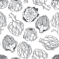Naklejka premium Hand drawn artichoke on white background. Vector seamless pattern.