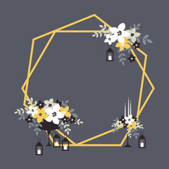 Hexagonal wedding arch with flowers, candles and lanterns . Vector illustration.