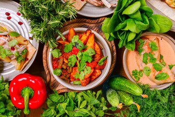 Traditional Georgian cuisine. Matzoon Okroshka, Khash Chikhirtma Harcho Soup, Dolma Chanakhi Chashululi Chkmeruli Kupati