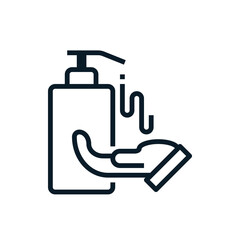 Hand, liquid soap, cleaning outline icons. Vector illustration. Editable stroke. Isolated icon suitable for web, infographics, interface and apps.